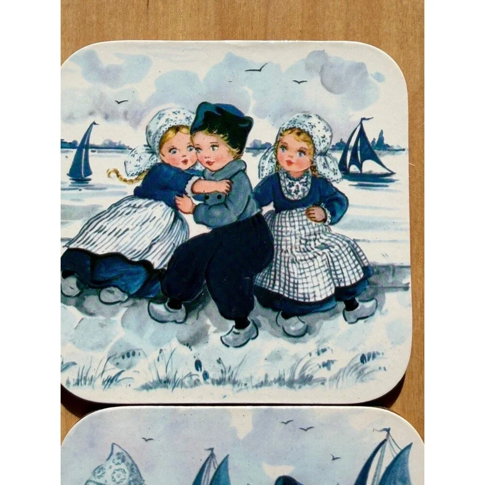 Set A Four Vintage Dutch Folk Art Coasters With Children Scenes
